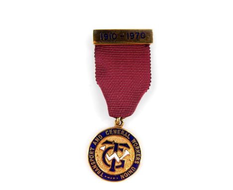 A Trade Union 9ct gold and enamel medal, Transport and General Workers Union, with top bar 1910-1970, reverse engraved presen