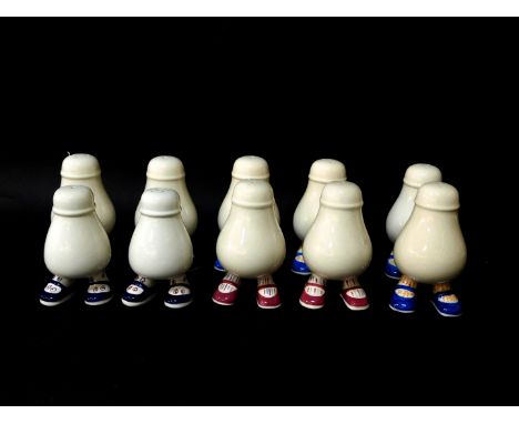 Five pairs of Carltonware lustre pottery 'Walking' salt and pepper pots.