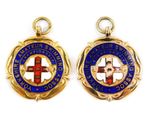 Two 9ct gold and enamel Yorkshire Amateur Swimming Association medals, verso engraved Ladies Diving Champ 1st and 2nd, Fattor