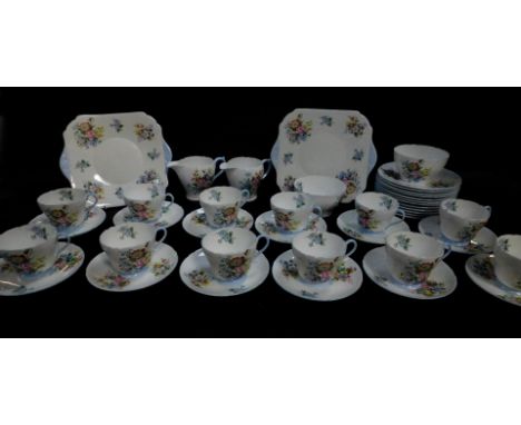A Shelley porcelain tea service, Henley shape, printed with sprays of flowers, pattern no. 2351 printed and painted marks, co