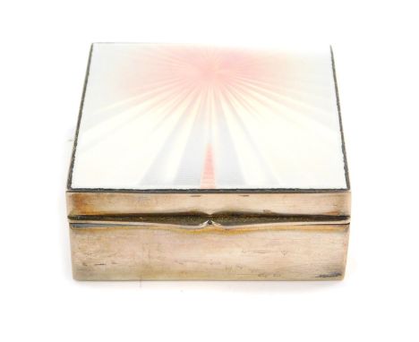 A silver cigarette box, with white to pink guilloche enamel decoration, S  J Rose &amp; Son, London 1958, 9cm W, 9cm D, 8.56o