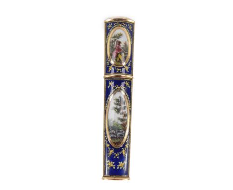 A French gold and enamel etui, c1780-1800, of tapered form, painted with four oval reserves of pastoral scenes, against a cob
