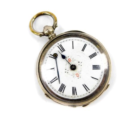 An early 20thC engraved Swiss white metal fob watch, the white enamel dial decorated with Roman numerals, stamped 0.800.