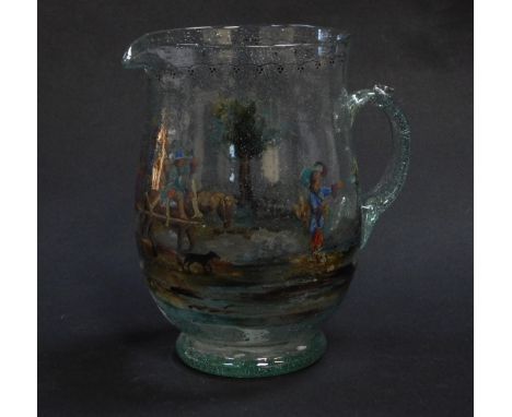 A late 19thC continental soda glass jug, enamel decorated with figures and a cart, in a continuous landscape, 20cm H.