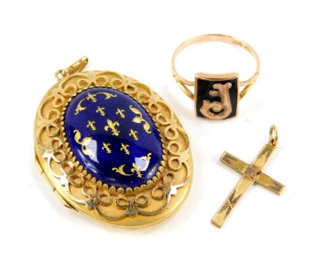 A 9ct gold and blue enamel oval photo locket, decorated with fleur de lys, 9ct rose gold mourning ring, bearing initial J, si