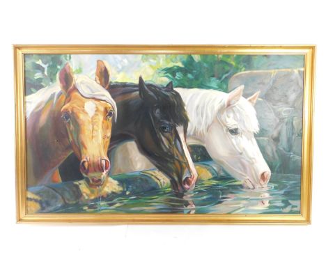 Alexander Charles Arundell (British, b1961). The Drinking Trough, oil on canvas, signed, 72cm x 126cm.