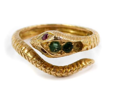 A 9ct gold ruby and green garnet serpent ring, one garnet lacking, size M, 3.8g.