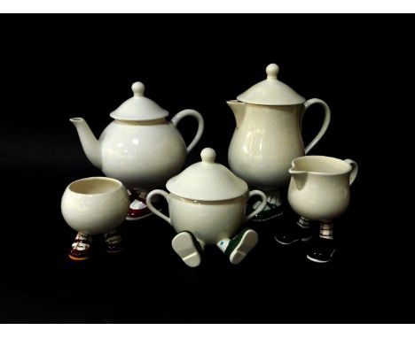 A Carltonware lustre pottery teapot, hot water jug, milk jug and two sugar basins, one seated with a cover. (5)