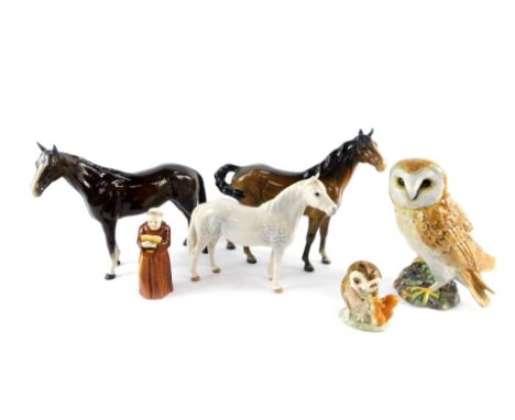 A Royal Worcester porcelain candle snuffer modelled as a Monk, two Beswick brown horses, dappled grey horse Connemara, Beatri