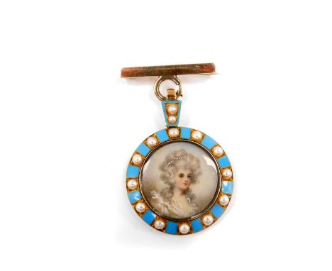 A circular portrait miniature pendant, bust portrait of an eighteenth century lady, in a yellow metal casing, set with seed p