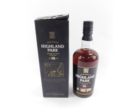 A bottle of Highland Park 18 Year Old Single Malt Scotch Whisky Orkney Islands, 70cl, boxed.