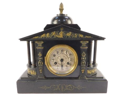 A Victorian slate mantel clock of architectural form, circular silvered dial bearing Arabic numerals, eight day movement, wit