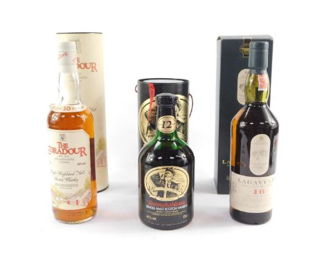 A bottle of Lagavulin 16 Year Old Single Islay Malt Whisky, a bottle of The Edradour 10 Year Aged Single Island Malt Whisky, 