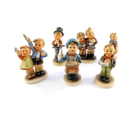 Six Hummel figures, comprising Auf Wiedersehn 153/0, Serenade 85/0, Max and Moritz 123, Postman 119, Little Helper 73, and So