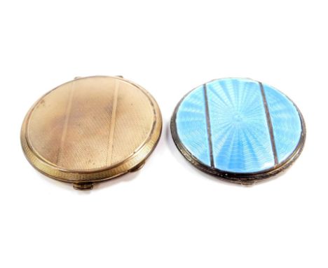 An Edward VIII silver and guilloche enamel compact, Birmingham 1936, together with a silver compact with engine turned decora
