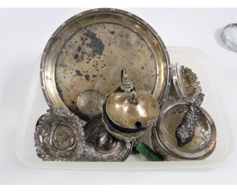 A box containing a quantity of scrap silver including circular card tray, mustard pot with blue glass liner, pair of salts, b