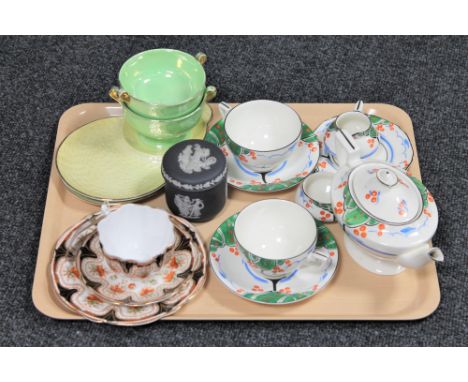 A Crown Ducal eight piece china set, Wedgwood black china box, antique Melba trio together with two Maling tea plates and two