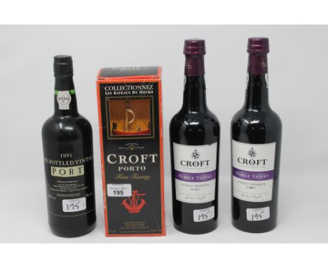 Four bottles of Port : Croft Porto Fine Tawny, 2 X Croft Purple Velvet Finest Reserve Port and a 1991 Late Bottled Vintage Po