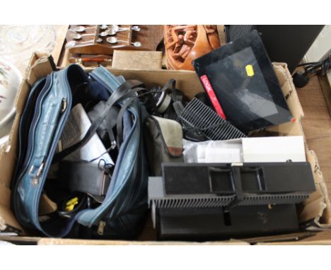 A box of camera equipment, lens, projector, digital photograph frame etc 