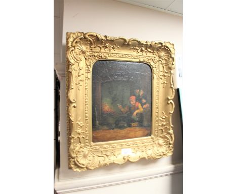 After Teniers (19th century), three figures by a fire, oil on board, 29 cm x 24 cm, framed. CONDITION REPORT: Bears crude, ca