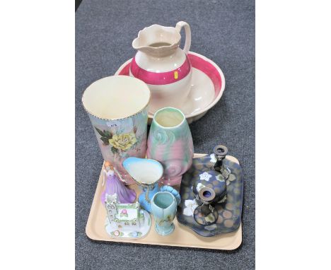 A tray of early twentieth century Bretley four piece china trinket set, Beswick vase, West German vase, Coalport village past