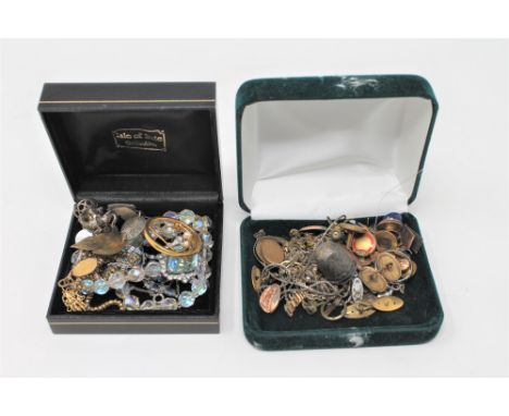 Two small boxes of cufflinks, studs, costume jewellery, thimble etc.