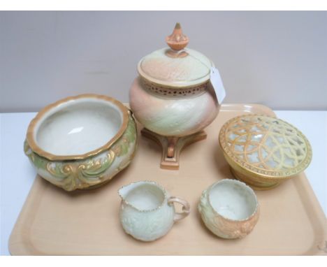 A Royal Worcester gilded pot pourri bowl with lid, height 9 cm, together with a Royal Worcester gilded blush ivory bowl and t