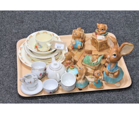 A tray of Pendelfin figures, Royal Doulton baby china, Dolls china tea service 