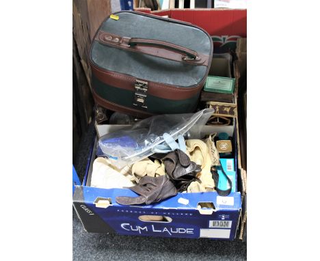 A box of vintage lady's gloves, hand brushes, perfumes, glasses, vintage buttons etc 