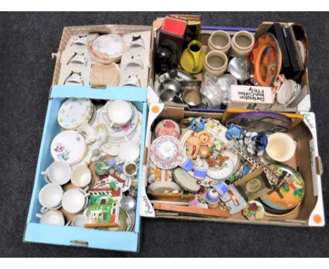 Three boxes containing assorted tea china, figurines, storage jars, vintage tins, together with a boxed Gainsborough china te