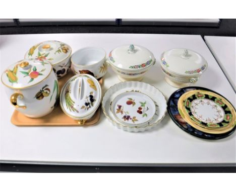A box containing Royal Worcester Evesham oven to table ware, assorted tea plates, boxed mugs etc together with two Wedgwood G