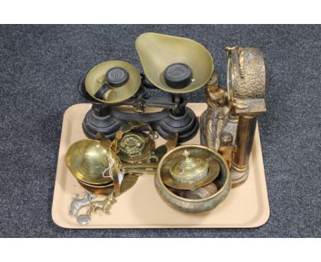 A tray of vintage scales with weights, assorted brass, contemporary Juliana mantle clock