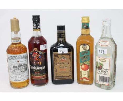 Five bottles of alcohol : Amaretto Arino Liqueur, Captain Morgan Rum, Southern Comfort Liqueur, Apple Schnapps and Rutter Kir