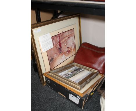 Two framed Russell Flint prints together with another, a box containing pictures, R Thompson oil on board, leather case of Ma