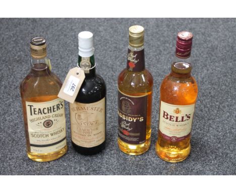 A bottle of Burmester vintage character port together with a further three 70cl bottles of Teacher's Scotch, Bells Scotch and