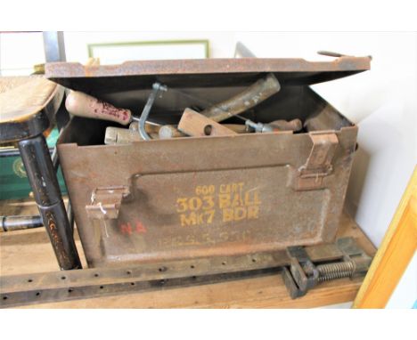 A metal ammunition box, containing a quantity of assorted hand tools, vintage leather cased tape measure, together with two s