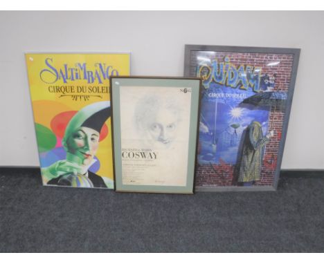 Two framed Cirque du Soleil posters together with a National Portrait gallery framed poster 