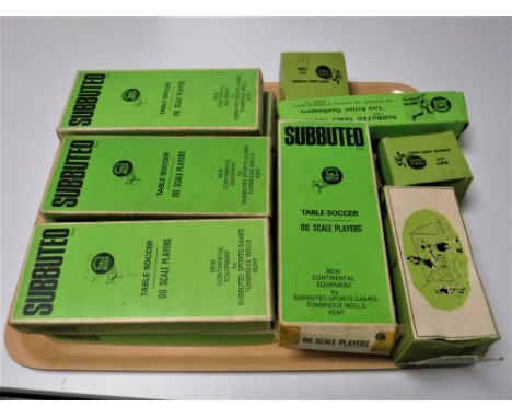 Eight boxed vintage Subbuteo teams together with two Subbuteo table goal keepers, two boxes of Subbuteo balls and a goal