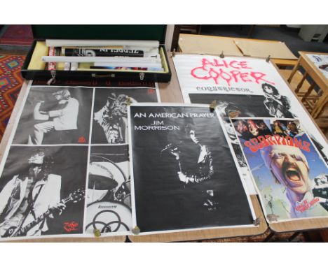 A quantity of late twentieth century posters including Led Zeppelin, Scorpions, American Prayer, Alice Cooper tour poster etc