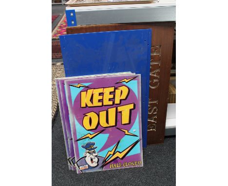 A box of assorted signs - fire exit, reception etc together with a East Gate wooden sign and two Jackson Underground perspex 