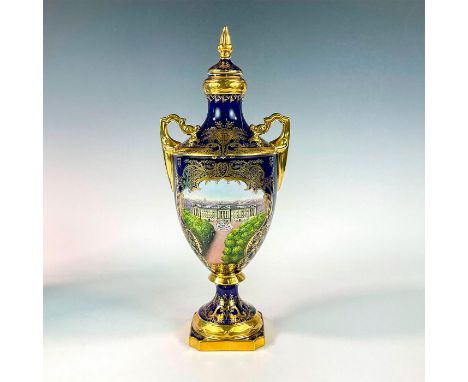 Limited edition twin handled lidded vase made to commemorate the birth of Prince William Arthur Philip Louis of Wales. Decora