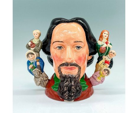 Unique colorway; brown shirt with a green collar. Double handles of Dickens characters. Royal Doulton backstamp. "The propert