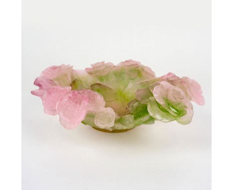 Pink and green Patte De Verre bowl embossed with roses and their foliage. Daum France etched backstamp. This item has its ori