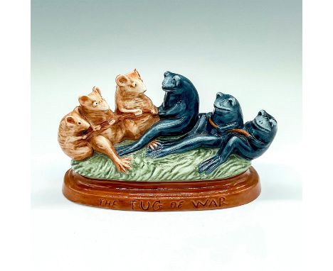 Hand made and hand decorated fine china group figure of mice and frogs playing tug of war. Figurine pays tribute to George Ti