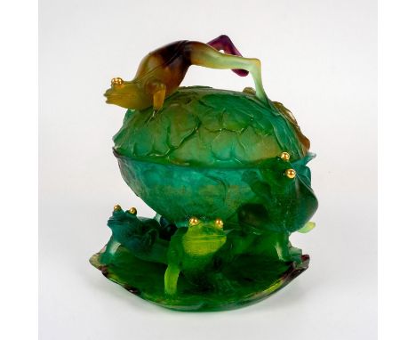 Delightfully creative, colorful bowl created using the Pate De Verre technique. Five frogs set atop a lilly pad to the foot o
