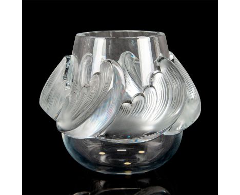Large centerpiece vessel, decorated with a raised frosted and clear wave pattern surrounding the piece. Lalique factory label