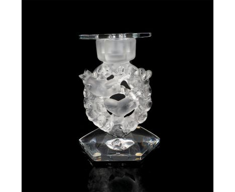 Clear top hexagon candle holder piece sits in frosted glass of floral and bird motif. Clear base is signed. This item has its
