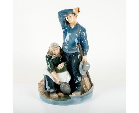 Tall porcelain figure depicting a reaper and his wife taking a break. Royal Copenhagen backstamp. Artist: Christian ThomsonIs