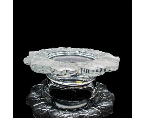 Clear base bowl with frosted leaf petals. Signed. This item has its original box: 9.5"L x 9"Wcx 4"H. Dimensions: 9"L x 9"W x 