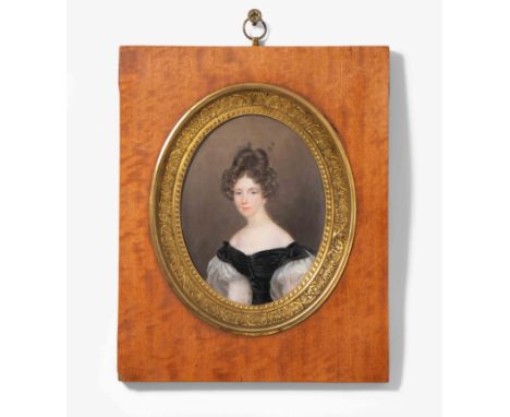 Porträtminiatur 2. Hälfte 19.Jh. Gouachemalerei auf Elfenbein, oval. Brustbild Mme de Rougemont, Ehegattin des Abraham Denis 
